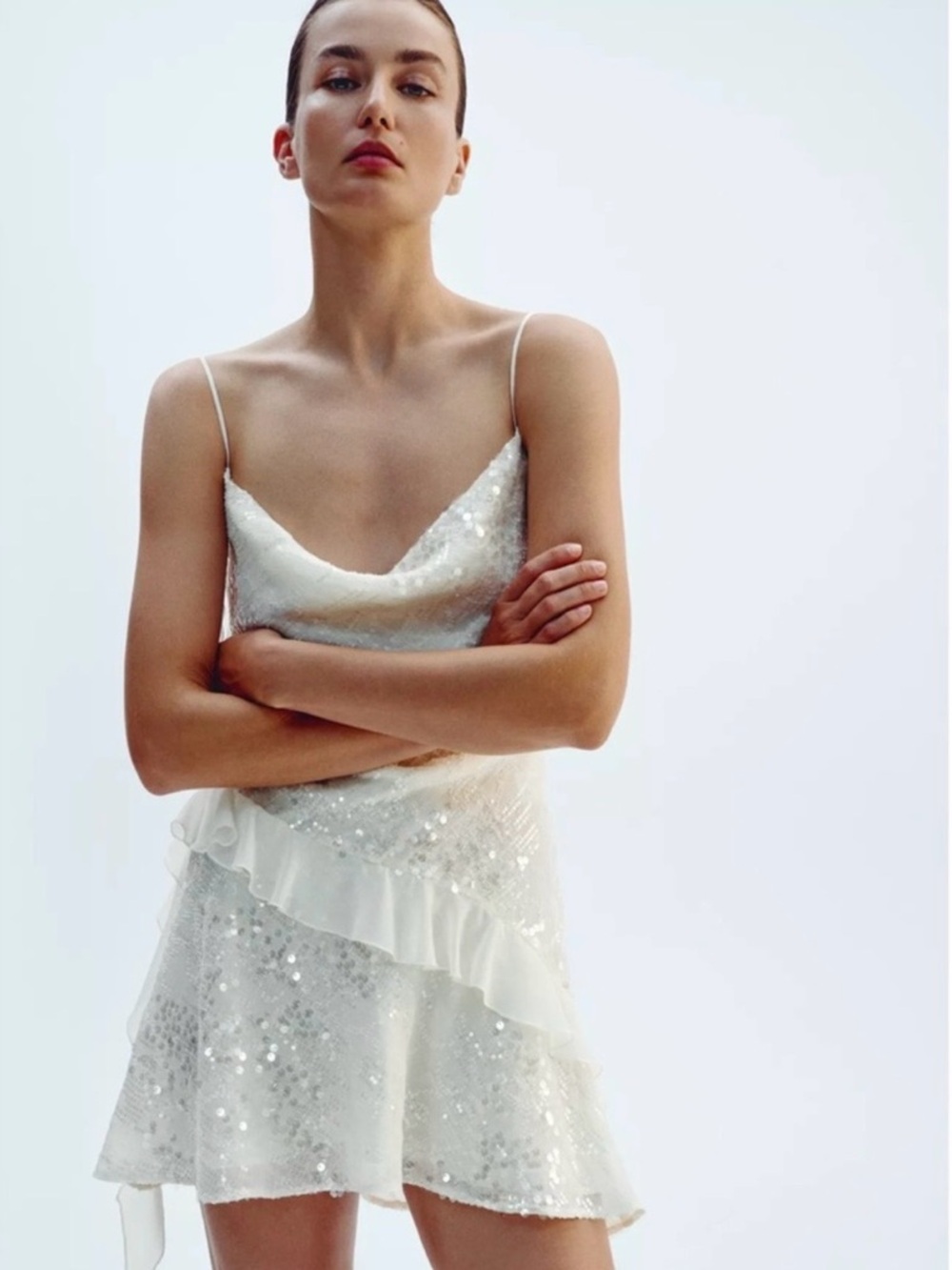 ZARA NWT SIZE XS SS25 SEQUIN RUFFLE MINI DRESS OYSTER-WHITE | 3658/849